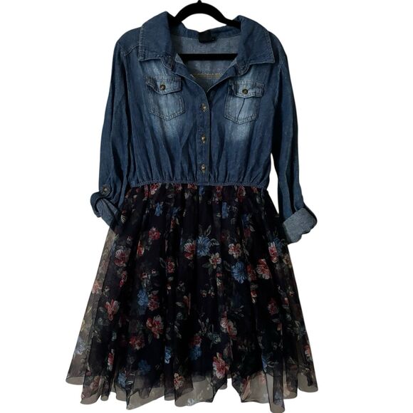 Zunie Dress Girls 12 Blue Denim Floral roll sleeve collared prairie farm casual - Picture 1 of 9